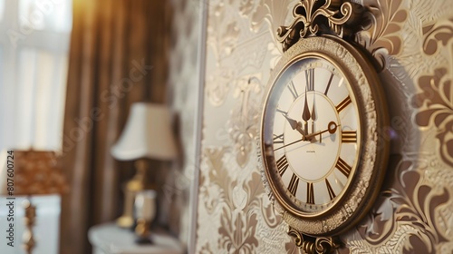 A classic clock, with ornate hands and roman numerals, is elegantly mounted on a wall. The clock exudes sophistication and adds a touch of charm to the room