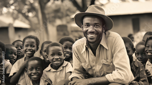 Black smiling man teaching African happy children outdoors.