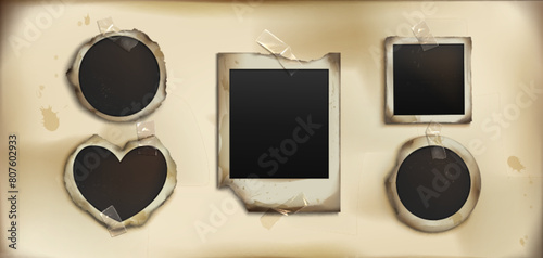 Old photo frame with adhesive tape on vintage brown background. Album and scrapbook page with pinned picture borders in form of rectangle, square, heart and circle. Realistic vector illustration.