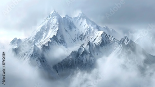  A majestic mountain range cloaked in mist and cloud, with rugged peaks disappearing into the sky above an alpine valley. . 