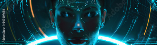 A portrait of a face with a glowing hydrogen aura, Futuristic , Cyberpunk