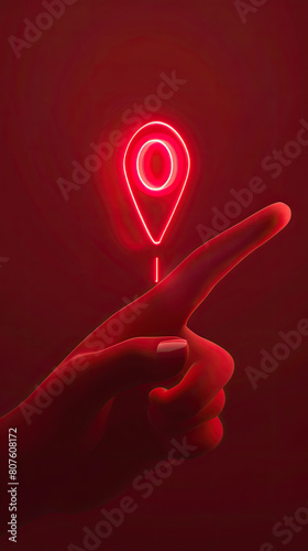 Set finger hand touch icon on a red pin isolated on white background Neon Like symbol 3d render10