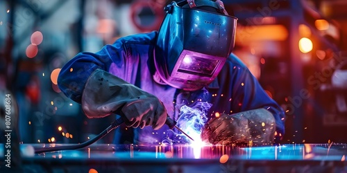 Metallurgical industry worker welding metal. Concept Metallurgical industry, Welding process, Industrial worker, Metal fabrication, Manufacturing sector