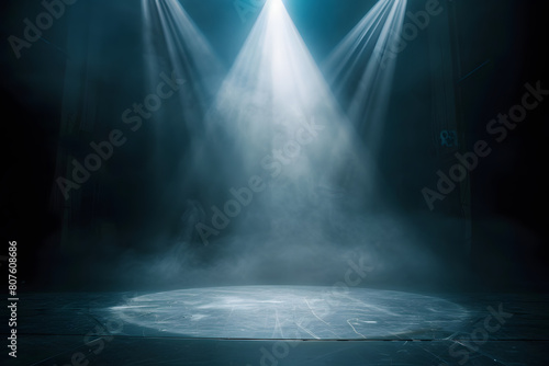 Dimly lit stage background, a bright spotlight, white text fading in