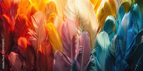 a hyper-realistic photograph of a collection of brightly colored feathers arranged in an elaborate pattern, each feather meticulously capturing the nuances of light and shadow.