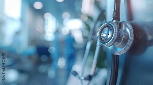 A close-up image of a stethoscope hanging in a blurred hospital background, emphasizing the essential tools of medical practice.