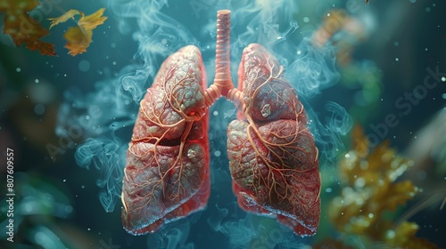 Artistic and highly detailed 3D visualization of human lungs, showcasing the intricate network of airways and blood vessels.