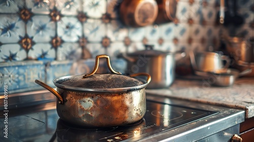 Cooking pot on a gas stove in the kitchen. Selective focus.
