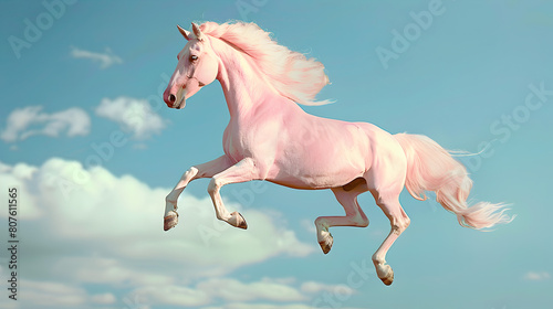 pink horse jumping the background is the sky.