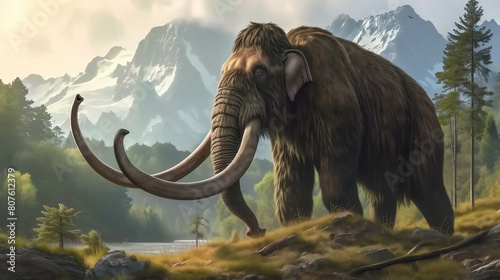 a mammoth with tusks in front of a lake