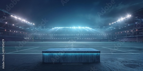 A close shot of an empty podium in the middle of the football field with a big space for text or sports type product advertisement background, Generative AI.