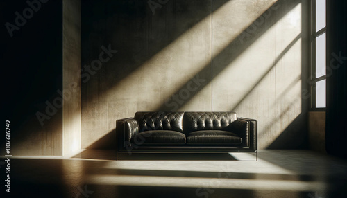 ミニマルな室内空間 黒い革のソファー コンクリート ドラマチック 壁 光と影 映画のような
