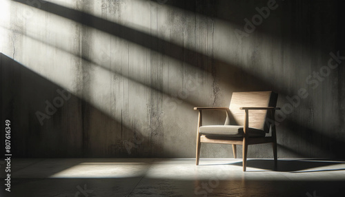 ミニマルな室内空間 椅子 コンクリート ドラマチック 壁 光と影 映画のような