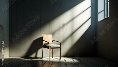 ミニマルな室内空間 古びた椅子 コンクリート ドラマチック 壁 光と影 映画のような