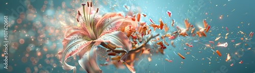Surreal poster of a lily exploding into petals, each fragment suspended in an empty void to evoke feelings of transformation and grace