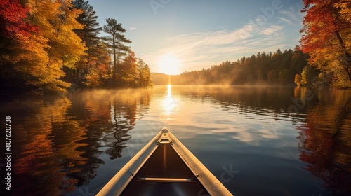 a calm lake, viewed from a canoe paddling through the still water during an autumn morning. 