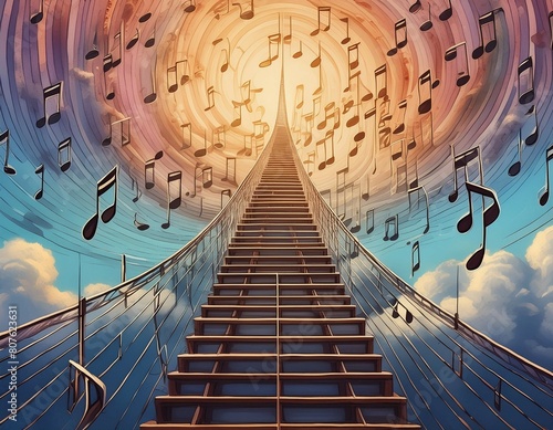 Surreal image of a ladder composed of musical notes ascending into the sky, each rung a step in mastering music theory.