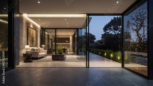 Modern Elegance, Home Entrance Enhanced by Expansive Glass Sliding Doors