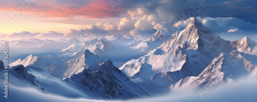 The highest peak in the mountains covered in snow, panoramic view, generated ai 
