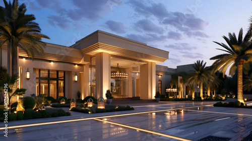 Luxury country club in Egyptian style, exterior view of the entrance and front yard at dusk, white walls with beige stripe