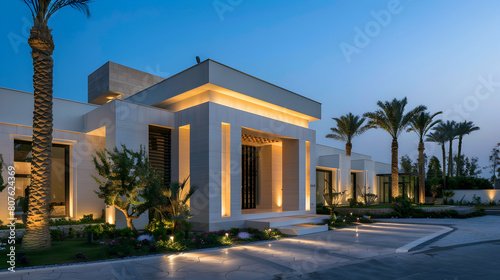 Luxury country club in Egyptian style, exterior view of the entrance and front yard at dusk, white walls with beige stripe