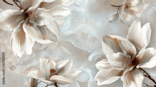 Dynamic graphic poster with vanilla flowers floating against a soft, neutral backdrop, creating a tranquil contrast that showcases their exotic origin