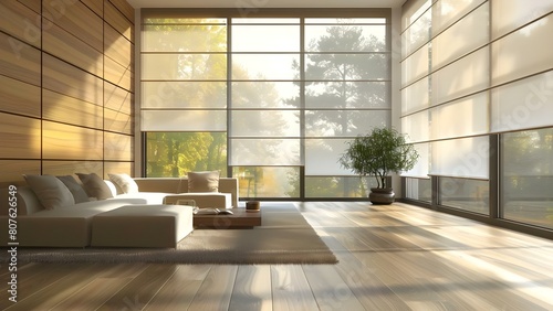 Automated solar shades on large windows in modern interior with wooden panels. Concept Automated Solar Shades, Large Windows, Modern Interior, Wooden Panels