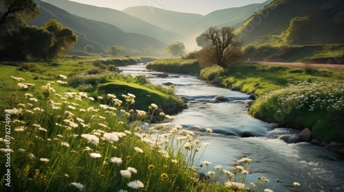spring landscape featuring a winding river flowing through a valley adorned with wildflowers, 