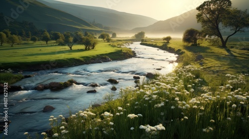 spring landscape featuring a winding river flowing through a valley adorned with wildflowers, 