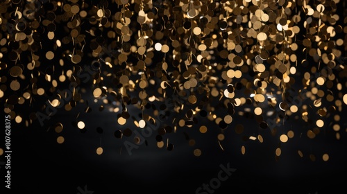 golden confetti cascades down a black background, 