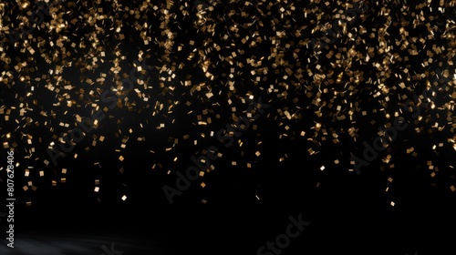 golden confetti cascades down a black background, 