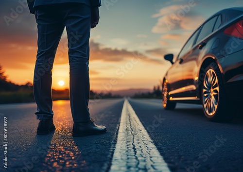 Businessman Standing by Luxury Car on Road at Sunset