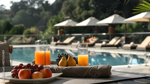 Private country club terrace with fruit plate juice glasses and pool view. Concept Country Club, Terrace, Fruit Plate, Juice Glasses, Pool View