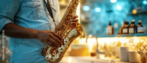 Close-up of a musician playing the saxophone. AI.