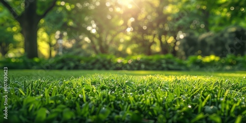 Close-up of green grass field with blurry trees and sunlight in the background. AI.