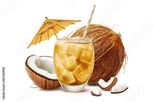 Tropical drink, cocktail umbrella, straw, coconut on background