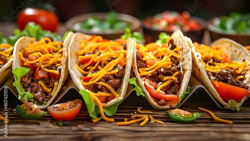 American soft shell beef tacos with lettuce tomato and cheese on wooden table. Concept Food Photography, American Cuisine, Tacos, Soft Shell Tacos, Fresh Ingredients