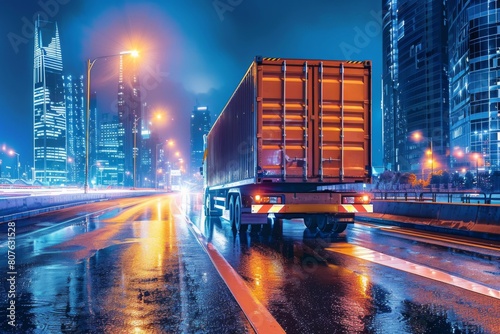 cargo lorry illuminated by city lights