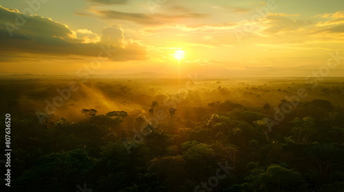 An enchanting sunset over the vast Amazon Rainforest reveals the rich biodiversity of Brazil, Peru, Colombia, and other Amazonian nations in the Amazon Aerial Symphony.