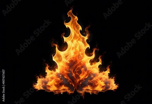 Realistic burning big fire flames with shiny bright elements. Isolated on a black background. Power, fuel, and energy symbol. Layered vector icon set. 