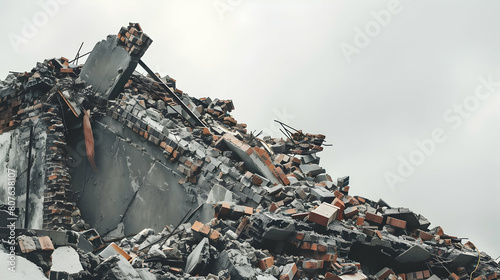 Demolished building rubble strewn across a grey sky.