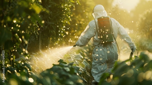  young man wearing a protective suit, spraying pesticides in a large vegetable farm, with water droplets creating a mesmerizing reflection on the lush green foliage, close-up 