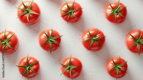 Abstract design featuring 3D rendered tomatoes in a repeating pattern, set against a minimalist white background