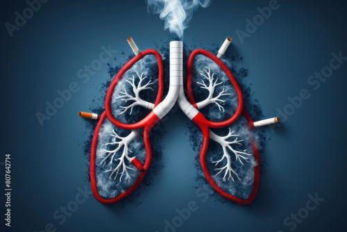 Blue technology background with an icon of human lungs exposed to cigarette smoke. Generative Ai