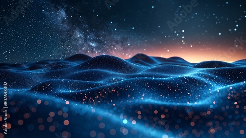 An abstract futuristic digital landscape with dots, stars, and a computer geometric file connection structure. A futuristic abstract grid. Artificial intelligence.