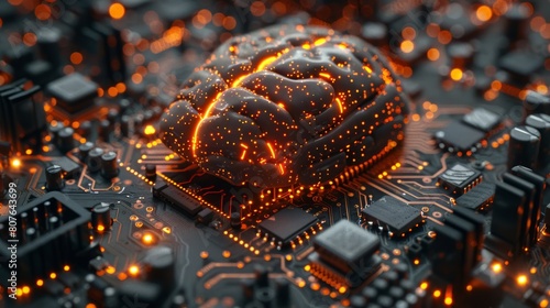 A digital brain of artificial intelligence on a motherboard computer. Binary data. Futuristic Innovative Technology Concepts in Science