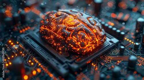An artificial Intelligence digital brain will be on a motherboard computer. Binary data. AI brain. Futuristic innovative technology in science.
