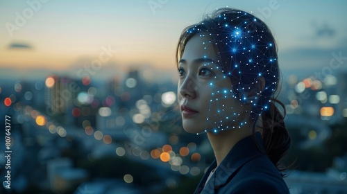 Female Asian businesswoman wearing a formal suit working on computer and laptop of polygonal brain shape of artificial intelligence with various icons of smart city Internet of Things, AI and