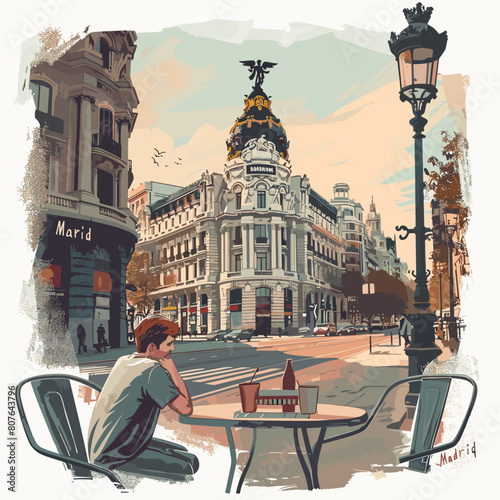 A man sits at a table in a city street