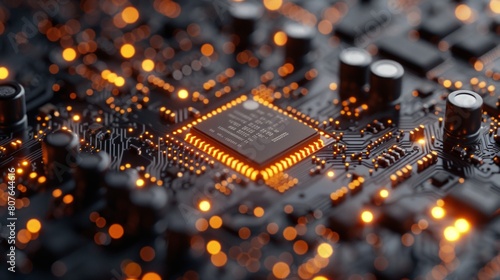 An artificial intelligence technology CPU chipset on a printed circuit board for a technology concept with shallow depth of field.